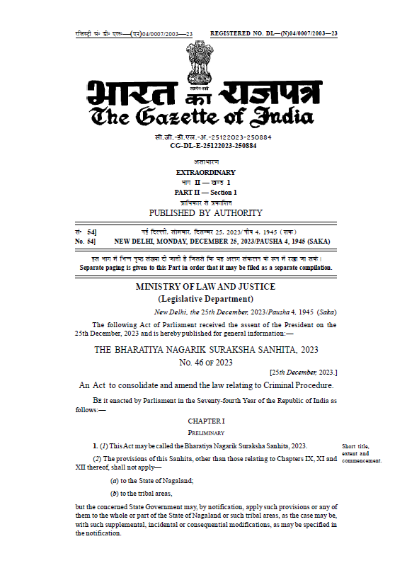 Gazette of Bharatiya Nagarik Suraksha Sanhita, 2023